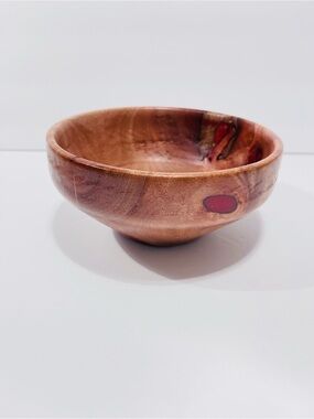 Vintage Sycamore Turned Wood With Coral Resin Accent 6.5” Handmade Bowl.
